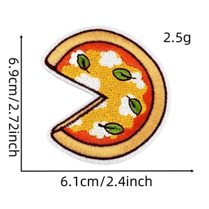 Detail view of colorful pizza embroidery patch with dimensions 6.9cm by 6.1cm