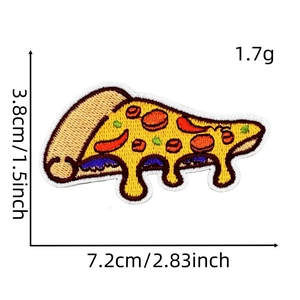 Detailed pizza slice embroidery patch with size labels for clothing decoration