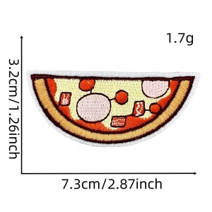 Detail view of pizza slice embroidery patch showing dimensions 7.3cm by 3.2cm