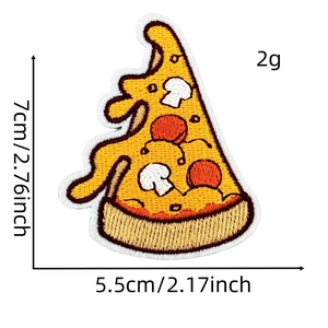Cartoon pizza embroidered patch for clothing with detailed dimensions of 7cm by 5.5cm