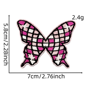 Toppa ricamata a farfalla a scacchi rosa e bianchi con bordo dorato, 7x5,8 cm