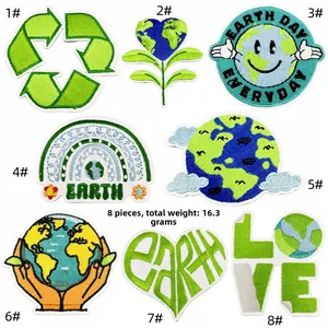 Detailed embroidery view of 8-piece eco-friendly Earth Day themed patches on white back