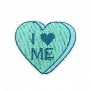 Heart embroidered patch with I ME quote in mint green for backpack decoration