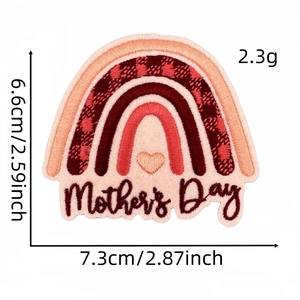 Detail of rainbow embroidered iron-on patch with heart and Mother's Day text