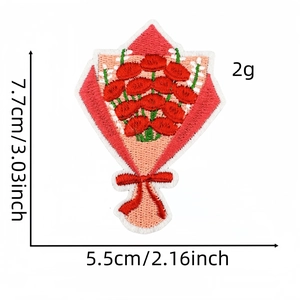 Detail showing embroidered floral bouquet patch with dimensions 7.7cm by 5.5cm