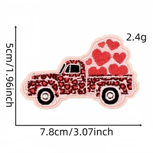 Close-up of pink heart leopard truck embroidery patch with precise size dimensions