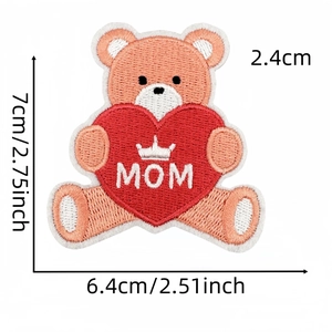 Pink bear embroidery patch with red MOM heart crown, iron-on decorative applique, 7cm height