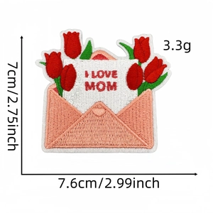Detail shot of I Love Mom envelope embroidery patch with dimensions and 3.3g weight