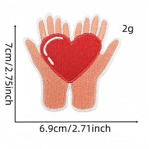 Pink heart embroidery patch with hands, 7cm x 6.9cm iron-on appliqué for Mother's Day