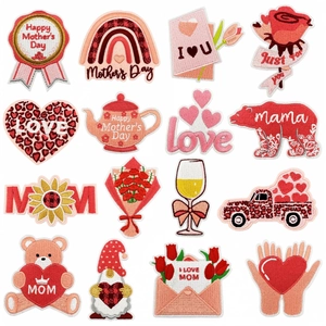 Mother's Day Embroidery Patches Pink Heart Flower Bear Rainbow Pattern Iron On Applique For DIY Clothing Bags Jackets Hats Decor