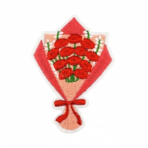 Pink heart bouquet embroidery patch with red flowers and bow for Mother's Day decor
