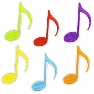 Set of six colorful musical note embroidered iron-on patches for DIY clothing decoration