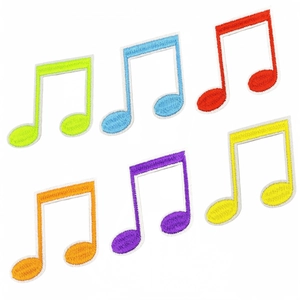Set of 6 colorful musical note iron-on embroidery patches for clothing and creative DIY projects