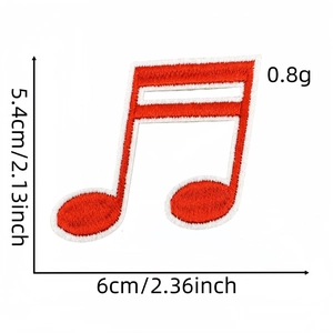 Detail showing dimensions of red embroidered musical note patch measuring 5.4cm by 6cm