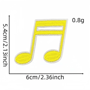 Detailed view of yellow musical note embroidery patch showing precise size measurements