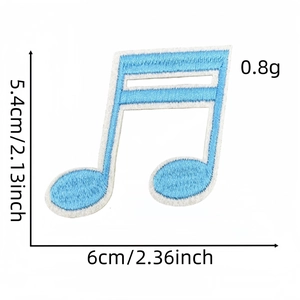 Detail of light blue musical note embroidery patch with 6cm width and white border finish