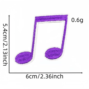 Detail showing dimensions and weight of purple eighth note musical embroidered patch