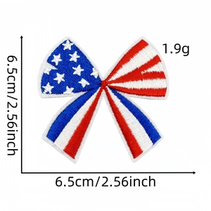 Detail of USA flag style bow tie embroidered patch showing dimensions 6.5cm and 1.9g weight