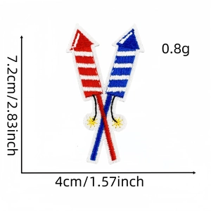 Detail showing red white and blue fireworks embroidery patch with precise size dimensions