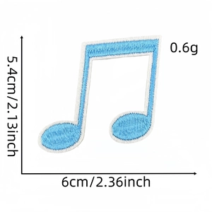 Detail of light blue musical note embroidery patch with 6cm x 5.4cm dimension scale