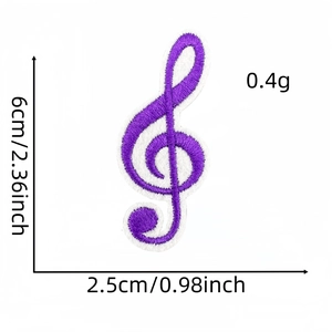 Detail showing dimensions of purple musical note embroidery patch with 6cm height and 2.5cm width