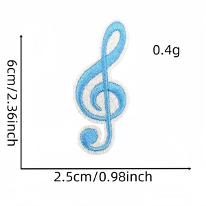 Detailed blue musical note treble clef embroidery patch with size measurements