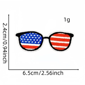 Detail of sunglasses-shaped embroidery patch with American flag pattern and dimensions