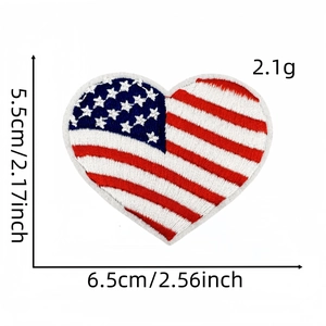 Close-up of heart-shaped American flag embroidery patch with size measurements