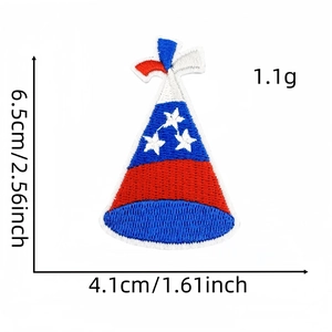 Detail view of colorful independence day badge embroidery with size dimensions and star patterns