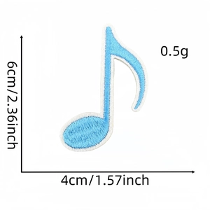Detailed size view of blue embroidered musical note patch with 6cm and 4cm dimensions