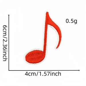 Close-up of red and white embroidered eighth note patch with 6x4cm size dimensions