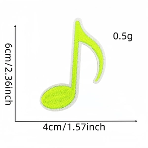 Close-up of eighth note embroidery patch with 6cm height measurement and green stitching