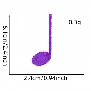 Detail view of purple music note embroidery patch with 6.1cm height measurement