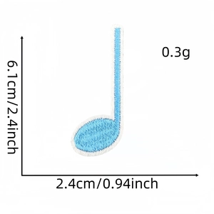 Detail showing dimensions of light blue music note embroidered patch for clothing