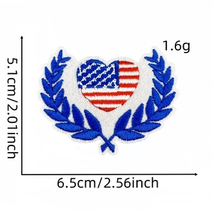 Detail view of heart-shaped USA flag embroidery patch with dimensions and blue laurel leaves