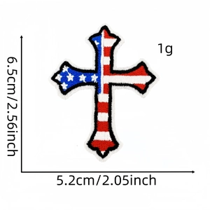 Detailed view of cross-shaped American flag embroidered patch showing 6.5cm x 5.2cm size
