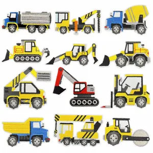 Set of 12 cartoon construction vehicle iron-on patches featuring yellow excavators and cranes