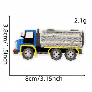 Detailed embroidery of yellow and blue tanker truck patch with specific dimensions