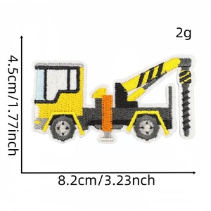 Detailed embroidery view of yellow drill truck patch with precise dimensions and white edges