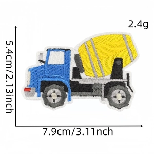 Detailed embroidery patch of yellow cement mixer truck with precise dimensions