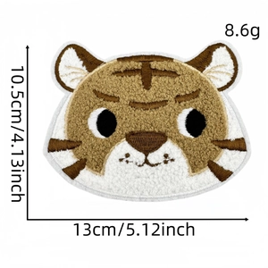 Chenille tiger head embroidery patch for clothing with 3D texture and size markings