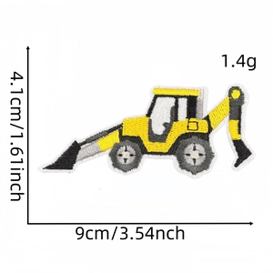 Detail showing embroidered yellow excavator patch with dimensions 9cm by 4.1cm