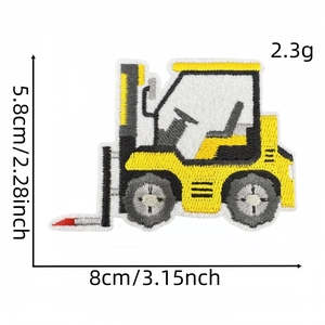 Macro detail of yellow forklift embroidery patch with size dimensions 8cm x 5.8cm