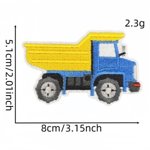 Detailed embroidery of yellow dump truck patch with exact dimensions and fine stitching