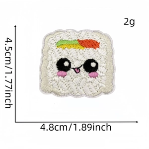 Cute cartoon salmon sushi rice ball embroidery patch with size measurement markings