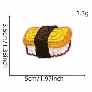 Detailed tamago sushi embroidered patch with size dimensions 3.5cm by 5cm for DIY decor