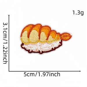 Macro shot of fried shrimp sushi embroidery patch showing size 5cm x 3.1cm and fine texture