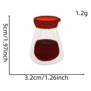 Detailed view of bottle-shaped embroidery patch with precise size and weight measurements