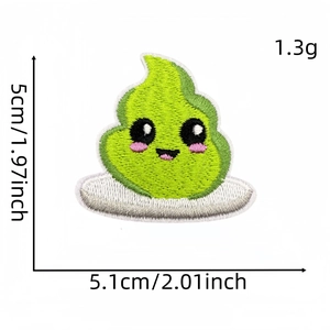 Detailed size view of cartoon green poop embroidery patch with cute face and iron-on backing