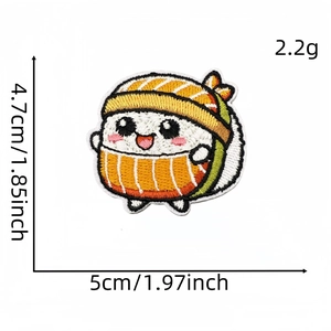 Detailed embroidery texture of a cartoon salmon sushi patch with 4.7x5cm size specifications